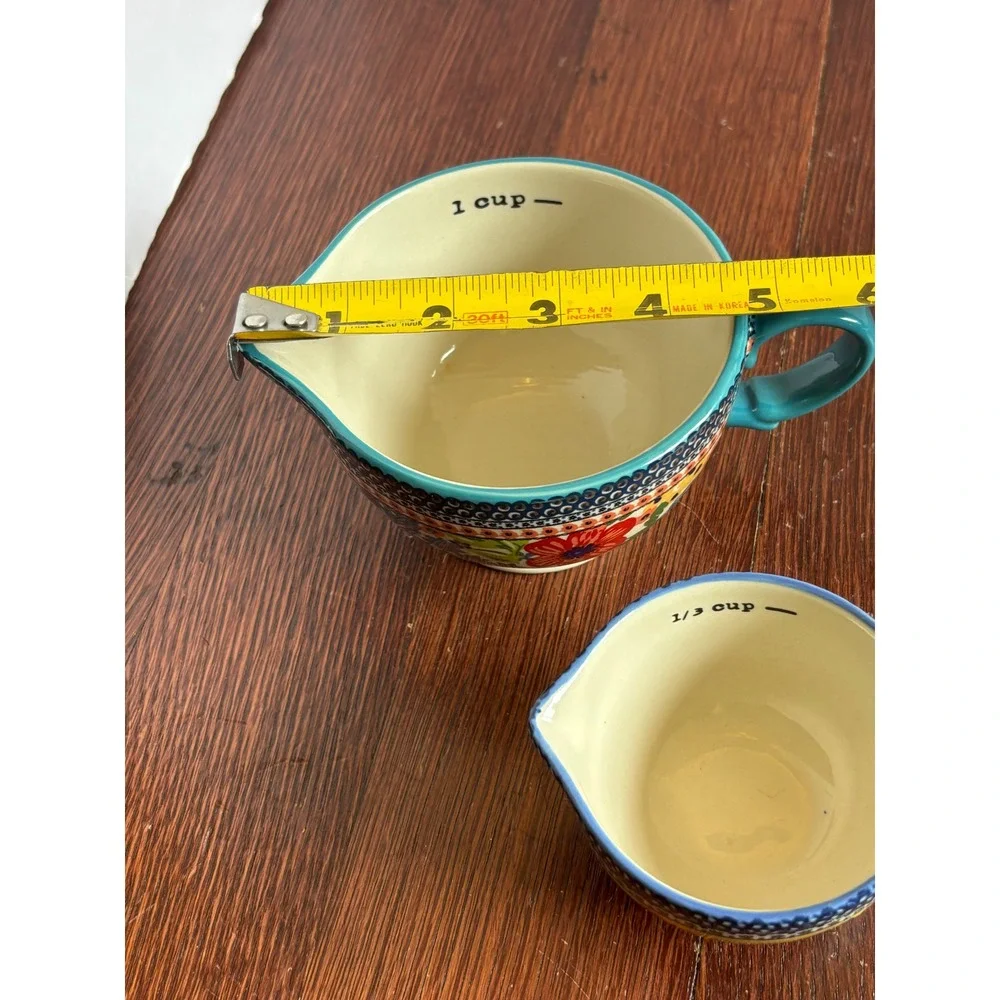 Pioneer Woman Floral Stoneware Measuring Cup Set 1 & 1/3 Cup Handled Teal Yellow